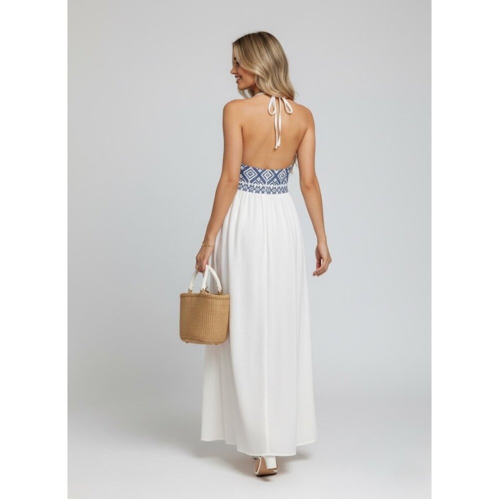 Boho Embroidered Split Hem Halter Dress White - Picture 2 of 8